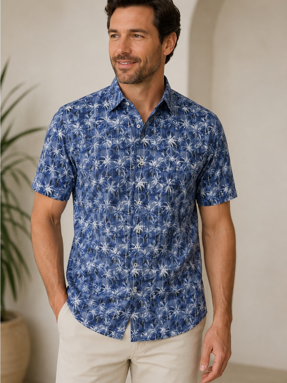 NWT Robert Graham Wheaton blue print palm trees button down short sleeve medium